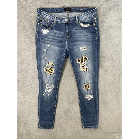 Judy Blue Denim - Judy Blue Jeans Womens 15/32 Blue Medium Wash Skinny Mid Rise Leopard Patches